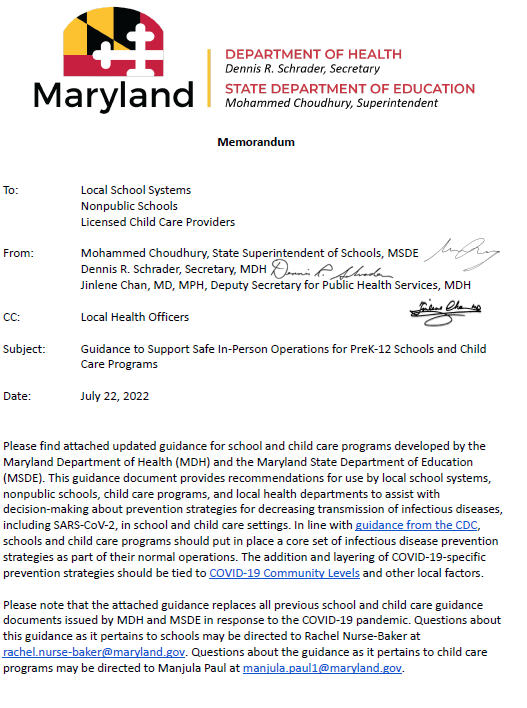 This is a letter from State Superintendent to Local Schools regarding guidance to support safe in-person operations for PK-12 schools and child care programs.